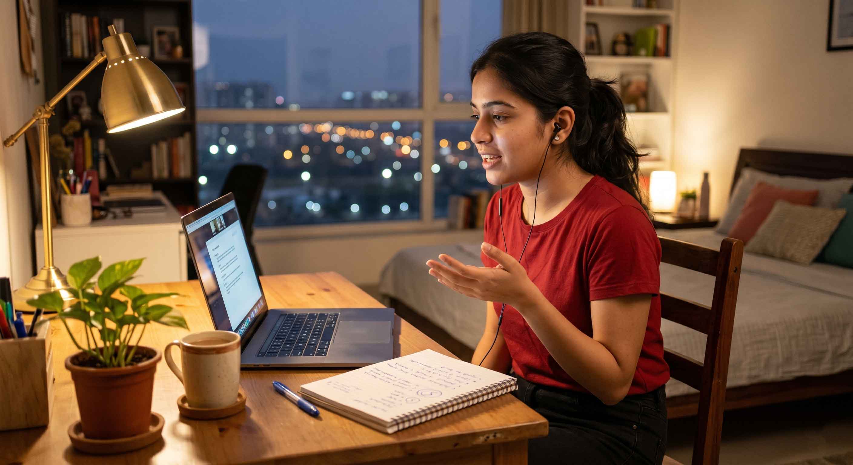 Indian graduate practising mock interview answers out loud at her desk