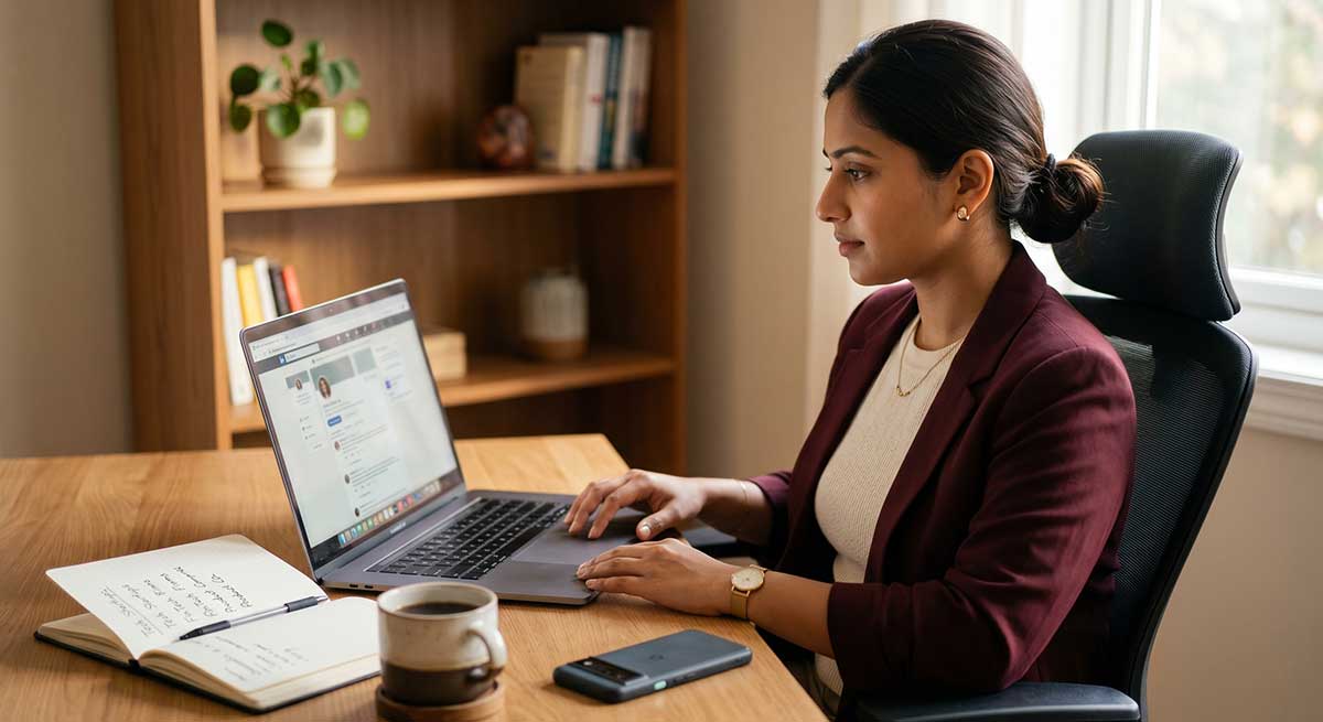 Indian job seeker updating LinkedIn profile and researching GCC companies on a laptop