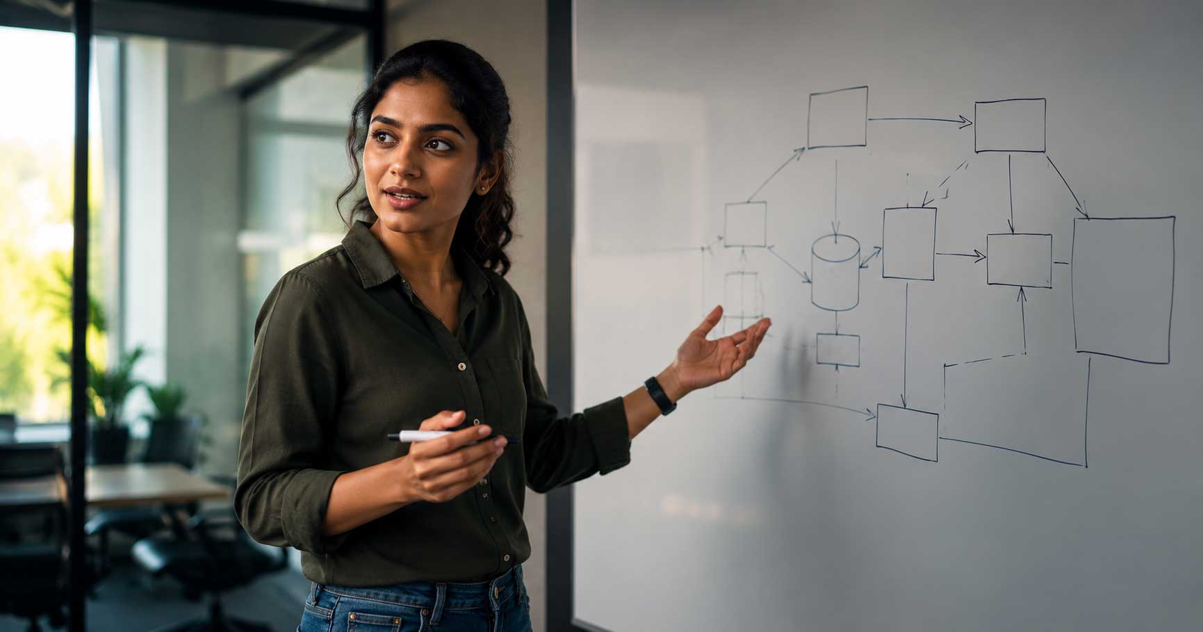 Indian software engineer explaining a system design at a whiteboard in an interview