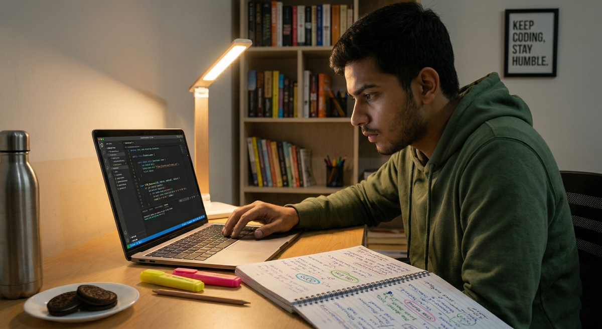 Indian student preparing for Infosys interview at study desk